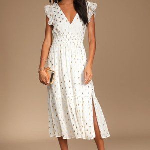 Lulus White and Gold Dot Ruffled Tiered Midi Dress